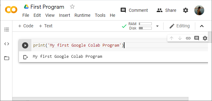 Figure: First Program Google Colab